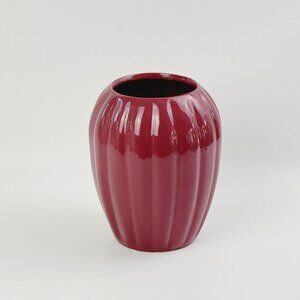 Burgundy Red Ribbed Ceramic Flower Vase 7.5" Tall, Glossy Finish with Vertical G